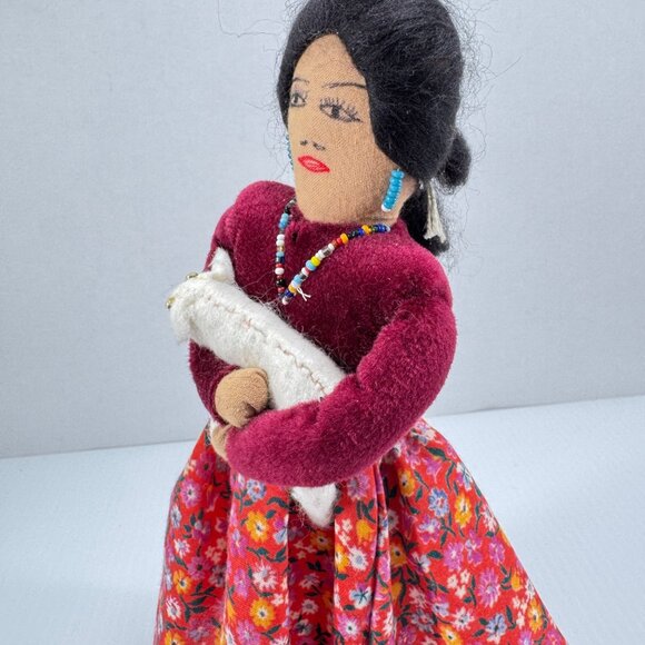 Vintage Fabric Cloth Doll Holding Lamb Southwest Decor Handmade Folk Art - Picture 6 of 11